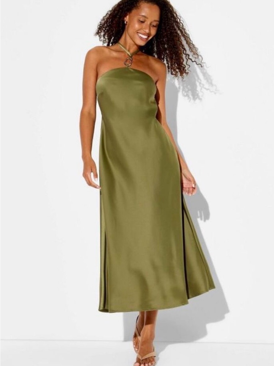 Wild Fable Olive Green Strapless Satin Midi Dress